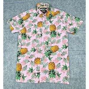 Good Vibes Shirt Men's Small Pink Hawaiian Floral Camp Pineapples Button Up